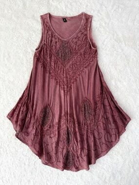 VTG Woman Burgundy Gauze Embroidered Relax Asymmetrical Sleeveless Tunic Dress